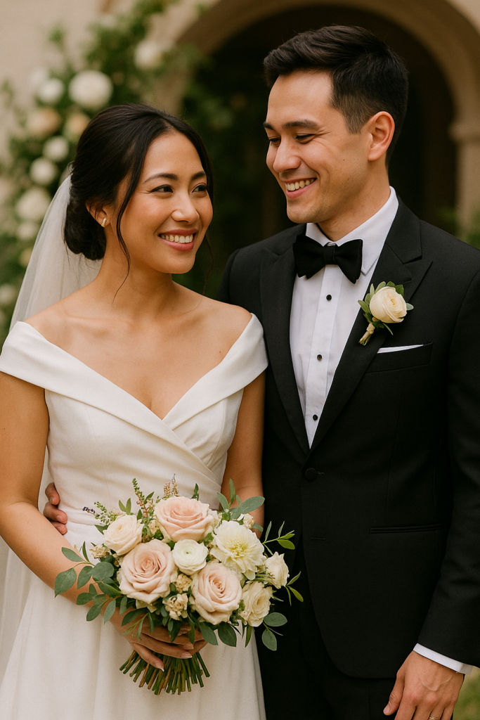 Bride and groom posing at a romantic wedding ceremony in the Philippines