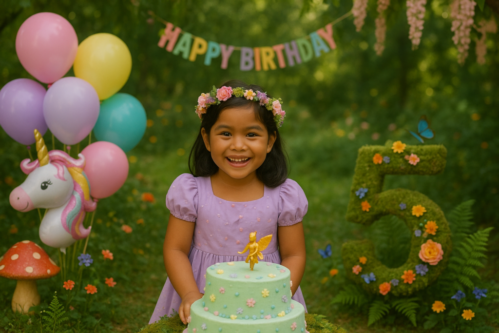 A smiling Filipino girl in a lavender dress celebrates her 5th birthday in an enchanted garden setting, surrounded by pastel balloons, a unicorn balloon, a floral cake, and a mossy number 5.