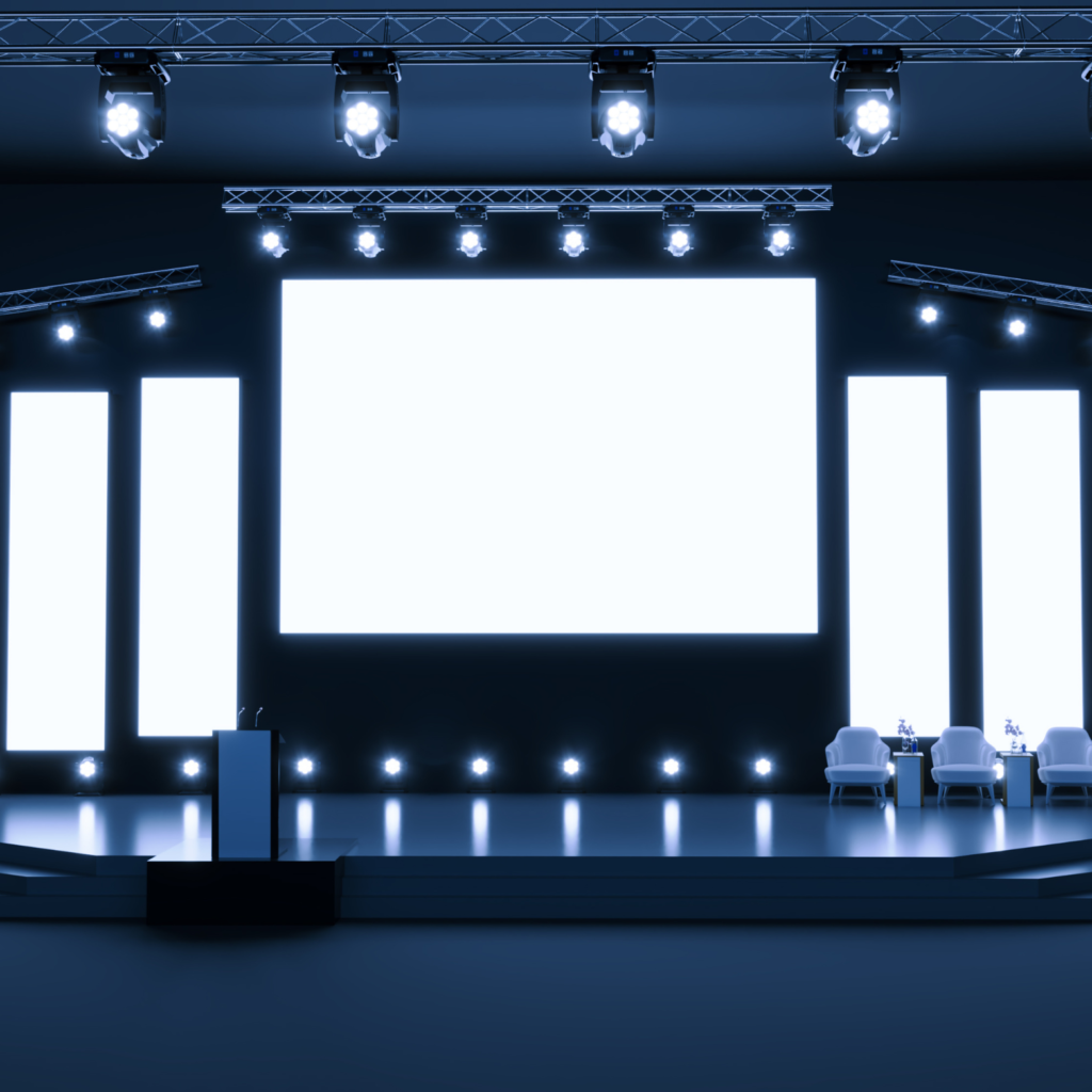 Sound system and lighting equipment set up on stage.