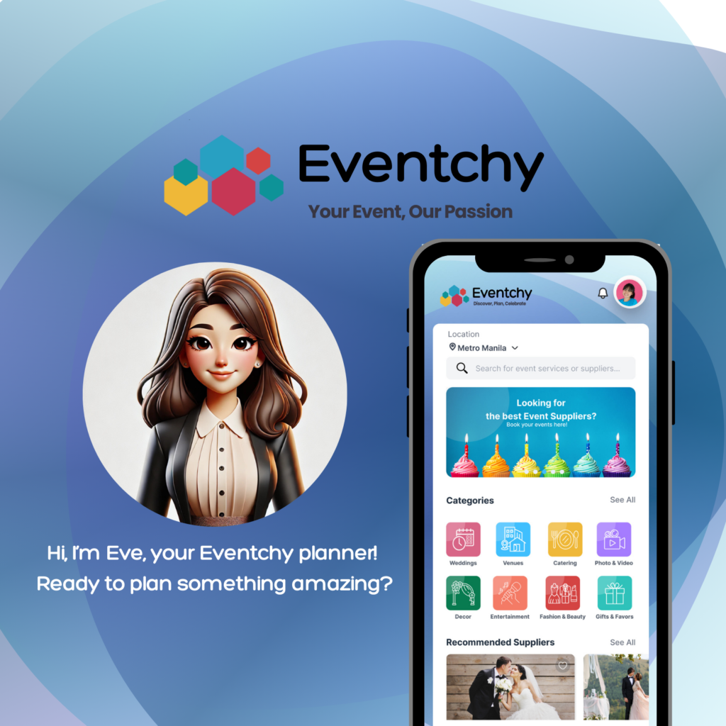 Illustration of Eve, Eventchy’s AI event planner, welcoming users to the Eventchy app. The mobile screen displays categories like wedding suppliers, venues, catering, photo & video, and more — perfect for event planning in the Philippines.