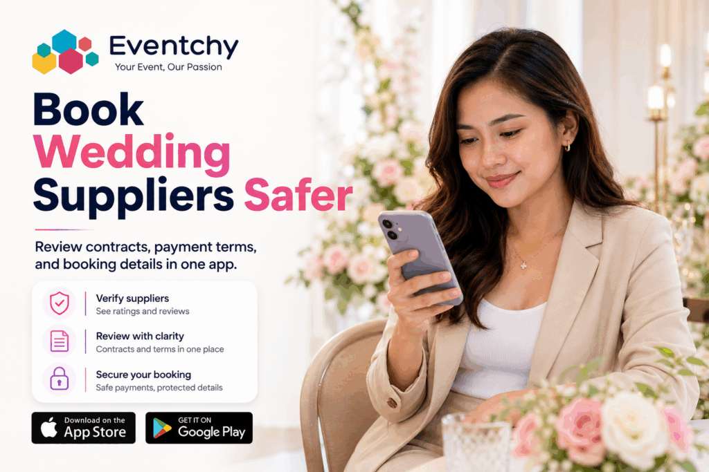 Woman booking wedding suppliers safer using the Eventchy app