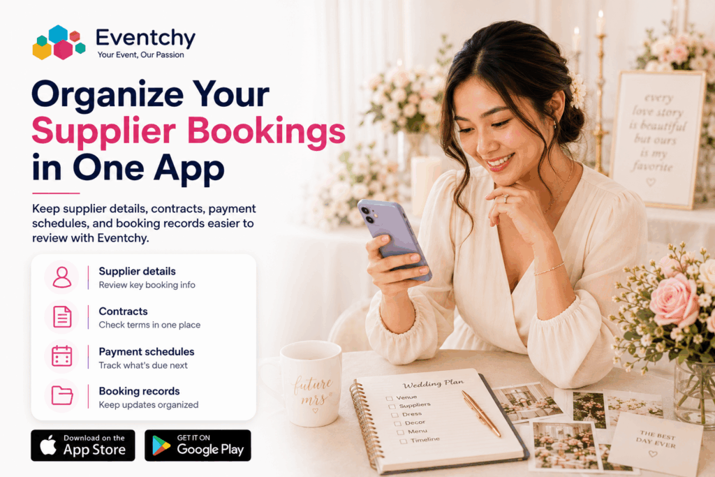 Eventchy app showing organized event supplier bookings, contracts, payment schedules, and supplier details