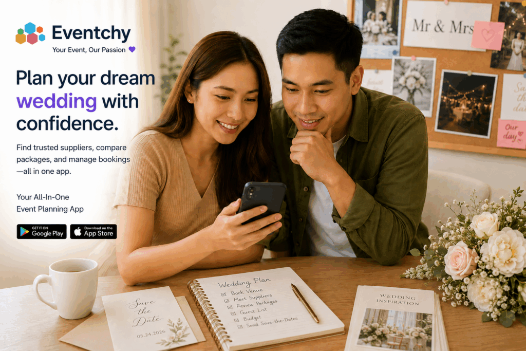 Couple reviewing wedding supplier details, contracts, and payment schedules using Eventchy