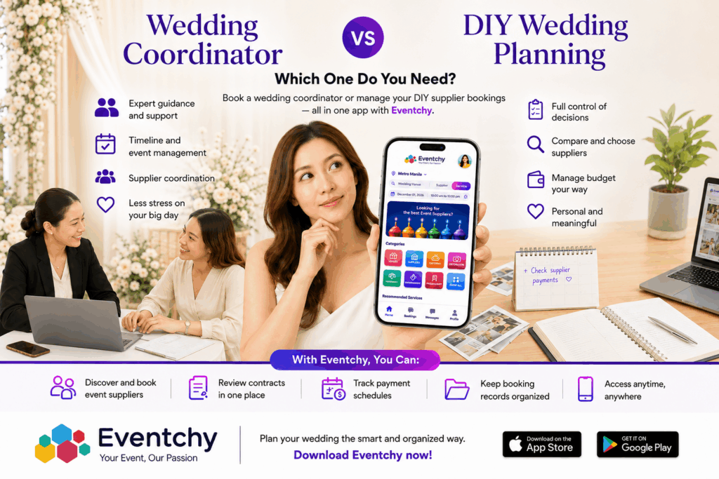 Bride-to-be comparing wedding coordinator and DIY wedding planning options using Eventchy