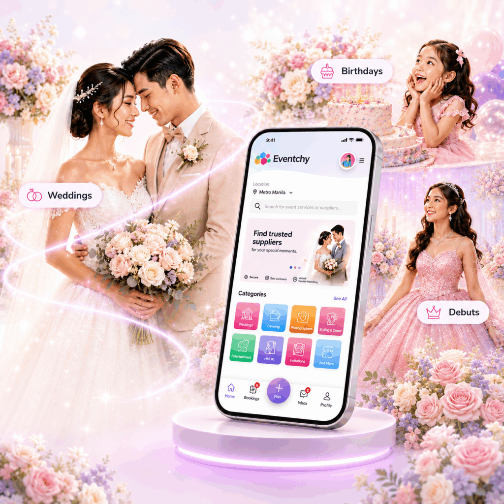 Eventchy app shown with wedding, birthday, and debut celebrations, highlighting event supplier discovery and planning in one platform.