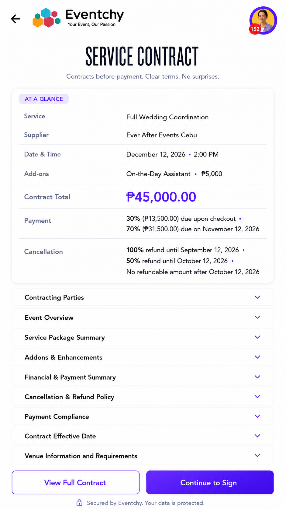 Eventchy service contract screen showing supplier details, add-ons, contract total, payment schedule, and cancellation policy before signing.