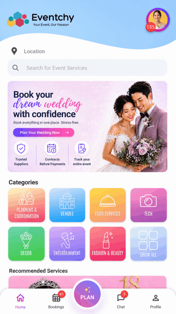 Eventchy mobile app home screen showing event categories, wedding planning tools, bookings, chat, and supplier discovery.