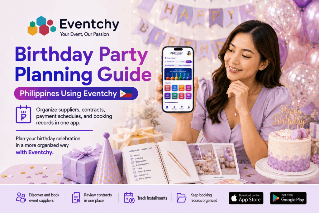 Woman planning a birthday party and organizing supplier bookings, payment schedules, and contracts using Eventchy