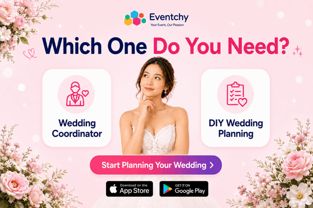 Bride comparing wedding coordinator and DIY wedding planning options with Eventchy