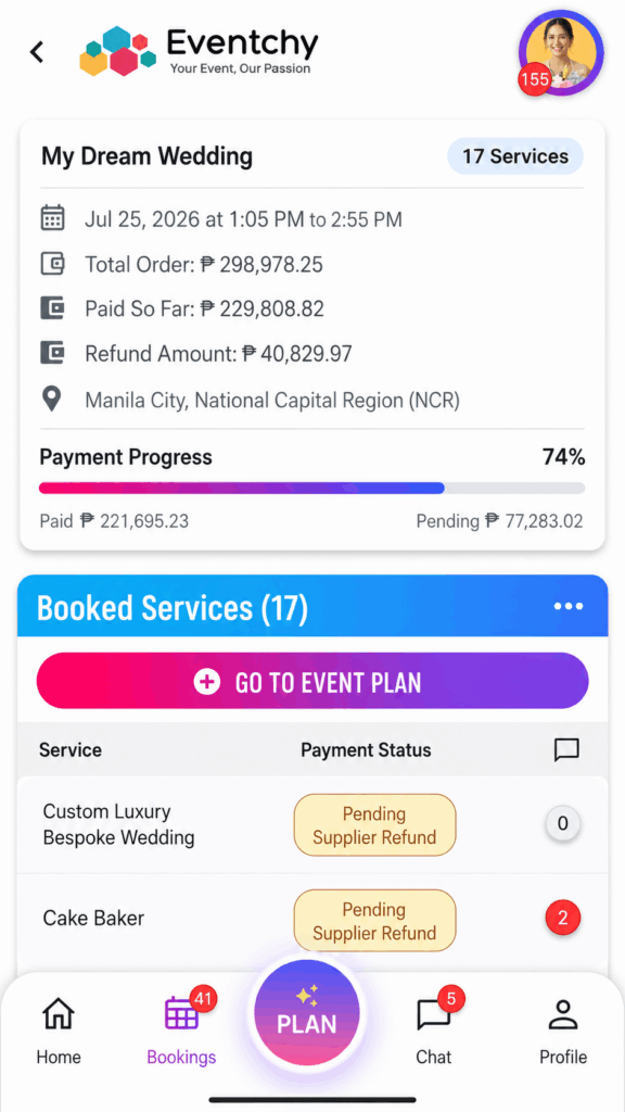 Eventchy booking dashboard showing booked services, payment progress, paid and pending balances, refund amount, and supplier refund statuses.
